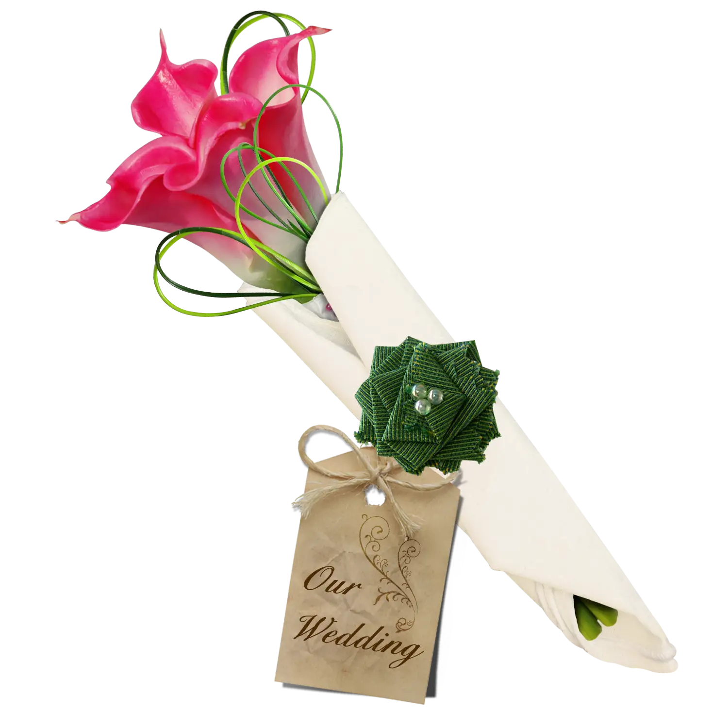 Elegant pink lily wedding bouquet PNG with decorative wrapping, green accents, gift tag, HD transparent floral design element.