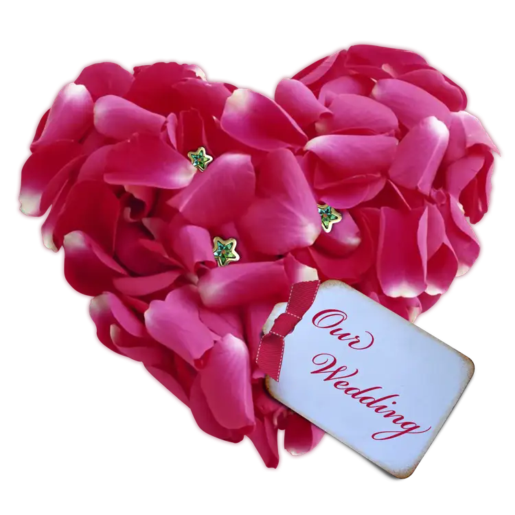 Romantic heart-shaped flower bouquet PNG with pink rose petals and wedding tag, HD transparent floral wedding design element.