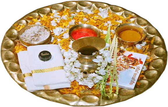 Traditional Indian wedding ritual thali PNG with kumkum, turmeric, rice, flowers, sacred items, HD transparent ceremonial design element.