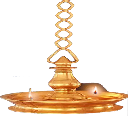 Traditional brass hanging oil lamp PNG with lit diyas, sacred Indian temple lighting element, spiritual HD transparent design asset.
