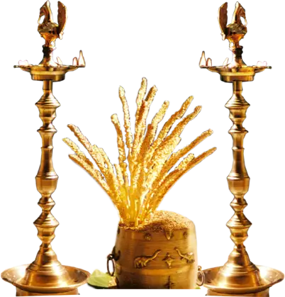 Traditional Indian wedding ritual arrangement PNG with brass oil lamps and sacred rice pot, auspicious ceremonial HD design element.