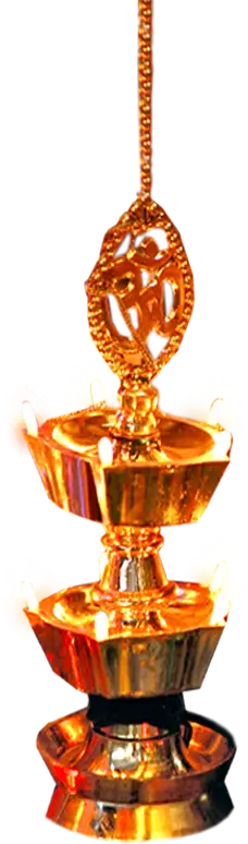 Traditional brass hanging diya PNG with decorative chain and glowing flames, sacred Indian ritual lamp, HD transparent spiritual design.