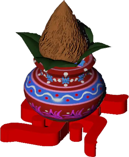 Traditional Indian Kalash PNG with coconut and mango leaves, colorful pot design, auspicious wedding ritual, HD transparent graphic.