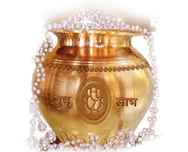 Golden ceremonial Kalash PNG with Lord Ganesha symbol and pearl decoration, auspicious Hindu ritual pot, HD transparent design.