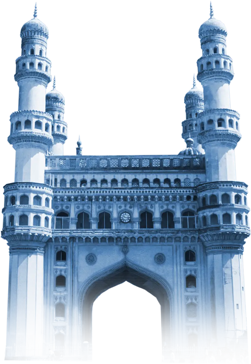 Charminar monument PNG Hyderabad with four minarets, historic Islamic architecture landmark, HD transparent cultural heritage design element.