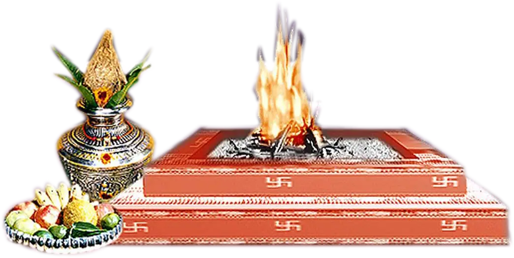 Traditional Hindu wedding havan kund PNG with sacred fire, kalash, offerings, auspicious ritual ceremony, HD transparent religious design.