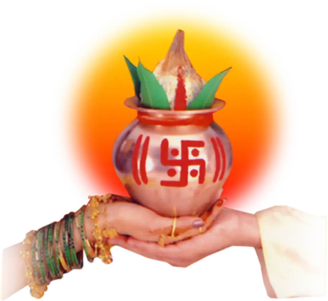 Sacred wedding Kalash in hands PNG with coconut, mango leaves, swastik symbol, Hindu marriage ritual, HD transparent design.